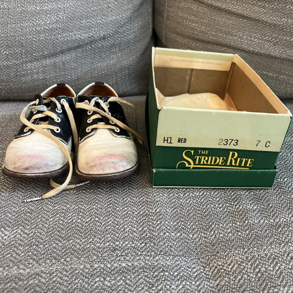 Vintage Stride Rite Boys Saddle Oxford Shoes White & Black Size 7C 1969